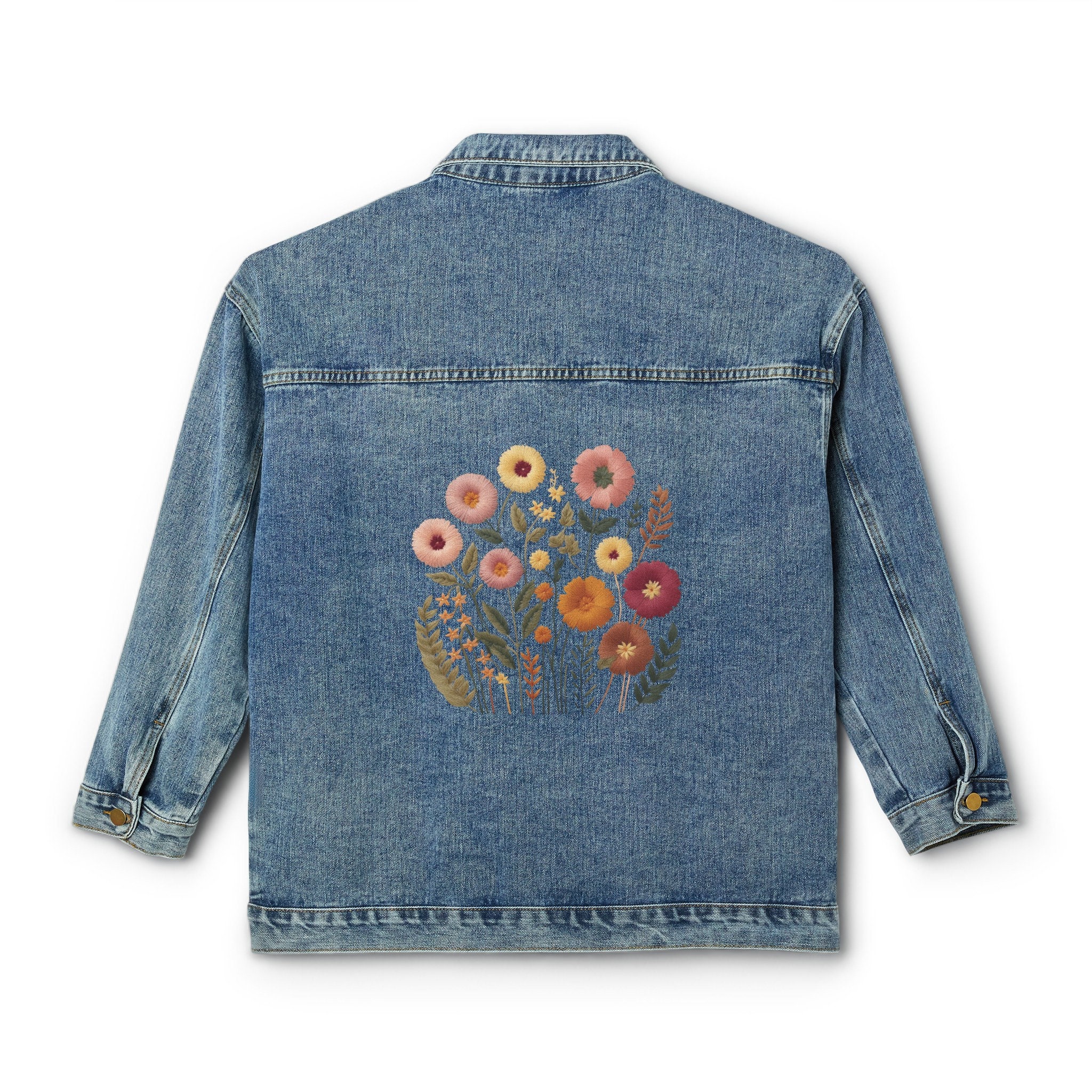 Flower print long denim jacket Vintage Hand Painted Moda 