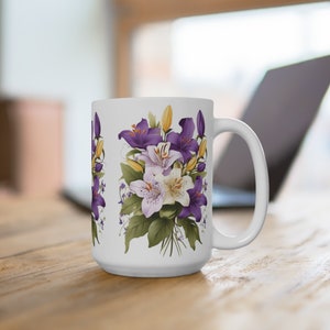 Coffee Latte Mug, Coffee Cup, elegant mug, floral design, colorful flower mug, white purble Lilies, stylish Mug, white Ceramic big Mug.