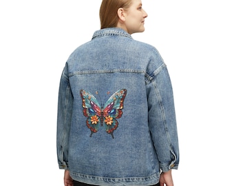 Damen-Denim-Jacke, entspannte und übergroße Passform, elegantes Design eines bunten Schmetterlings, trendige Jacke, modernes Design, ein perfektes Geschenk.