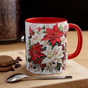 Christmas Flower Coffee Mug, Red and white Poinsettia elegant design, Holiday Trend, two-tone coffee mug, 11oz