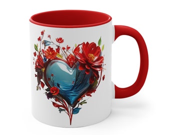 Kaffee-Tee-Tasse, elegantes Design von Herzen und wilden Blumen. Perfektes Geschenk zum Valentinstag. Rote Keramik mit farbigem Innenleben und Griff.
