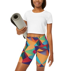 High Waisted vibrant color Yoga Shorts (AOP). Elegant flattering leggings, multicolor. Soft feeling and impeccable style.