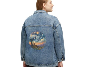 Damen Jeansjacke, entspannte übergroße Passform, farbenfrohes Kunstdesign einer Landschaft und Blumen, trendige Jacke, modernes Design, ein perfektes Geschenk.