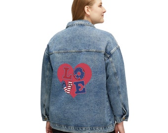 Women's Denim Jacket, relaxed oversized fit, Elegant design of a Red Heart and the word LOVE, trendy Jacket, modern design, a perfect gift.