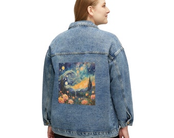 Women's Denim Jacket, relaxed oversized fit, colorful art design of a Landscape and Flowers , trendy Jacket, modern design, a perfect gift.