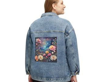 Damen Jeansjacke, entspannte übergroße Passform, farbenfrohes Kunstdesign einer Landschaft und Blumen, trendige Jacke, modernes Design, ein perfektes Geschenk.