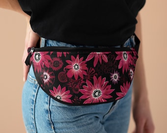 Travel Floral Bag, Fanny Pack, elegant Red Flower design, adjustable strap, Perfect for trips, One sided print, modern trendy travel bag.