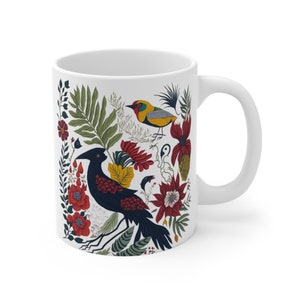 Coffee White Mug with elegant Birds and Tropical Flowers Design, Ceramic Mug 11oz