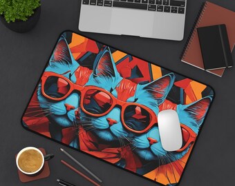 Alfombrilla para ratón, diseño elegante y colorido de gatos con gafas rojas, diseño moderno abstracto, perfecto para darle un toque personal adicional a su escritorio.