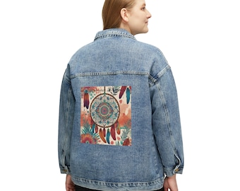 Women's Denim Jacket, relaxed and oversized fit, elegant design of a Dream Catcher, trendy colorful Jacket, modern design, a perfect gift.