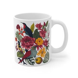 Coffee White Mug with elegant Birds and Tropical Flowers Design, Ceramic Mug 11oz