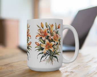 Coffee Latte Mug, Coffee Cup, elegant coffee mug, floral design mug, colorful flowers Lilies, stylish Coffee Mug, white Ceramic big Mug.