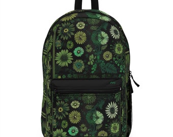 Backpack with elegant Green Flowers design. Modern for everyday use. Made from polyester is waterproof, light, strong and long-lasting.