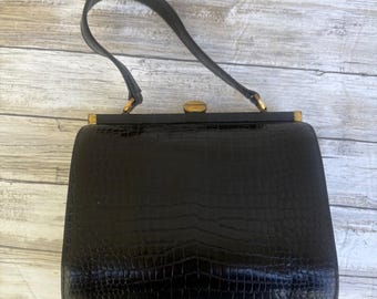 Bolso de mano original VTG Mam'selle negro con relieve de cocodrilo, estilo años 50 y 60 retro.