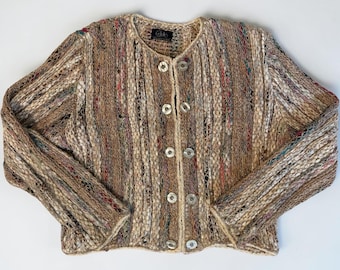 Cárdigan de punto con cinta VTG Estelle Gracer, talla L, marrón, chaqueta corta metálica única, talla S/M