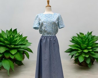 Vestido de día VTG The Jones Girl talla 12 azul floral midi plisado femenino años 50 y 60