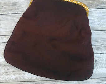 Bolso de mano Garay de los años 60, tejido marrón, flores doradas, diamantes de imitación, cierre de beso, MCM