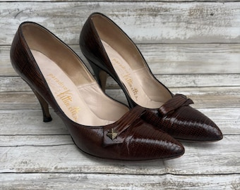 VTG Paradise Kitten-ettes Pumps 6 Brown Lizard Embossed Point Toe 50s 60s Retro
