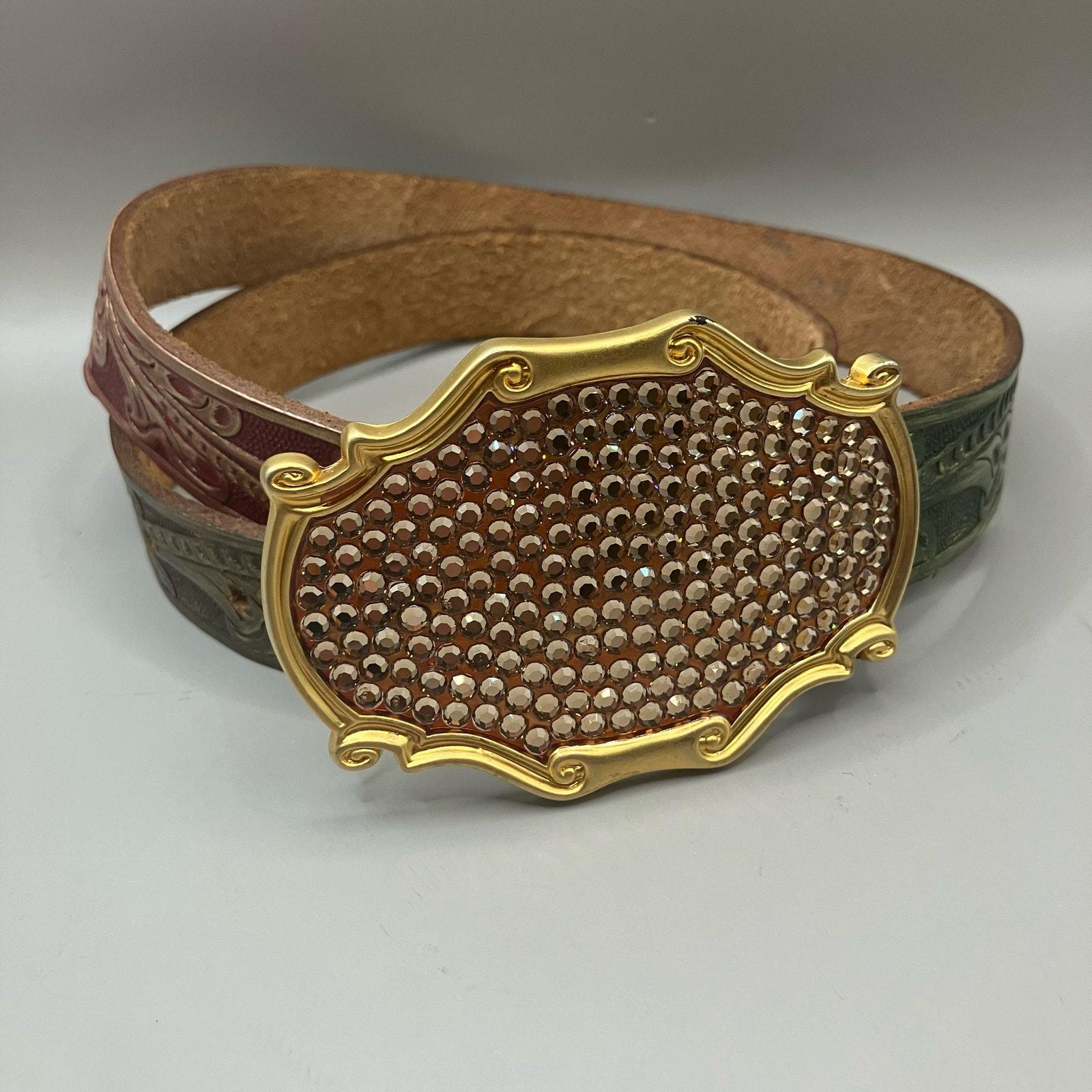 VTG Streets Ahead Belt M Rhinestone Tooled Leather 