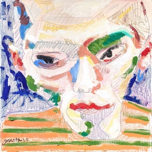 Portrait contemporain expressionniste – Œuvre originale 30x30 cm – Huile & crayons sur carton entoilé – Encadrée 40x40 cm