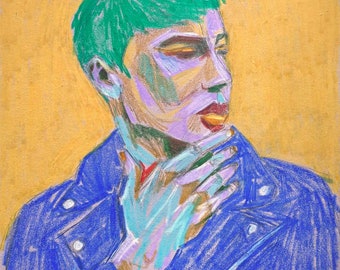 Peinture originale unique aux crayons à l'huile et cire  "Brandon ne savait plus s'il avait éteint son fer à lisser" | portrait homme