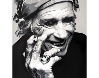 Keith Richards The Rolling Stones, Gemälde mit schwarzen und weißen Schablonen, originales Pop-Art-Street-Art-Porträt auf Leinwand
