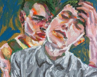 Unique original oil pastel painting textured framed hand painted | portrait two gay men | gay love | gay art