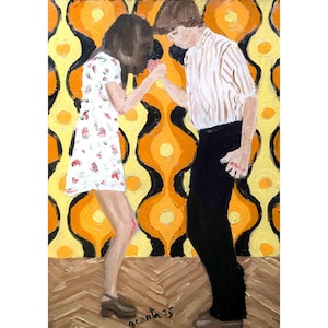 Ritratto a olio contemporaneo – Coppia di ballerini – Opera d'arte originale – Arte retrò vintage anni '70 – Arte figurativa incorniciata – Scena di genere