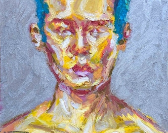Peinture originale unique aux pastels à l'huile  | portrait homme encadré