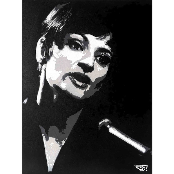 Barbara, peinture réalisée aux pochoirs en noir et blanc, portrait pop art street art original sur toile