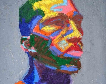 Unique original painting in oil pastels "Roland observed Gérard from afar" framed | man portrait | art brut style