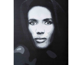 Grace Jones peinture originale pop art street art sur toile noir et blanc