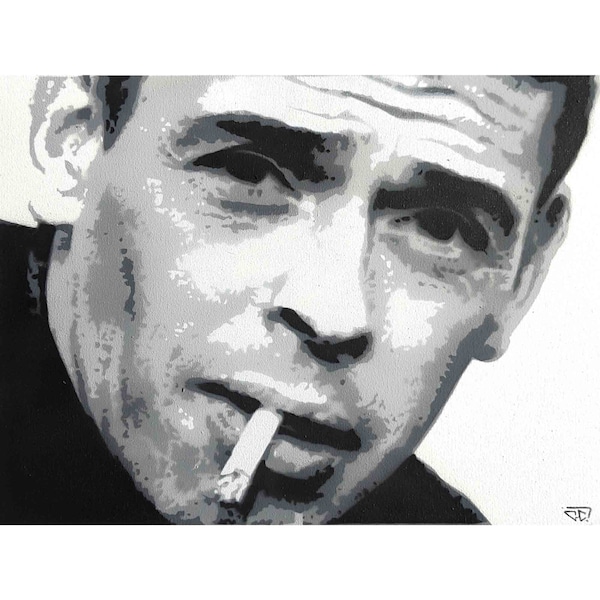 Jacques Brel,  peinture réalisée aux pochoirs en noir et blanc, portrait pop art street art original sur toile