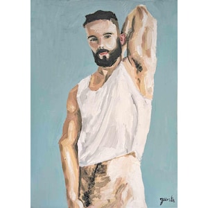 Dipinto a olio originale incorniciato 21x29,7 cm di un uomo gay nudo e muscoloso, fatto a mano in Francia, supporto in carta, opera d'arte unica