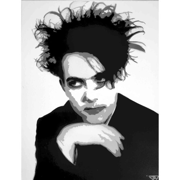 Robert Smith | The Cure band| peinture réalisée aux pochoirs en noir et blanc, portrait pop art street art original sur toile