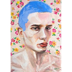 Dipinto ad olio originale unico dipinto a mano con cornice | ritratto di uomo gay | carta da parati vintage | uomo senza camicia | artista Francia