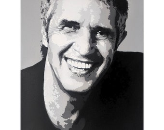 Julien Clerc,  peinture réalisée aux pochoirs en noir et blanc, portrait pop art original sur toile