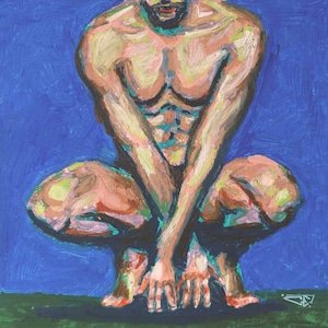 Dipinto originale unico con pastelli ad olio dipinti a mano "The Picker" | ritratto di uomo nudo | artista in Francia | opera d'arte incorniciata