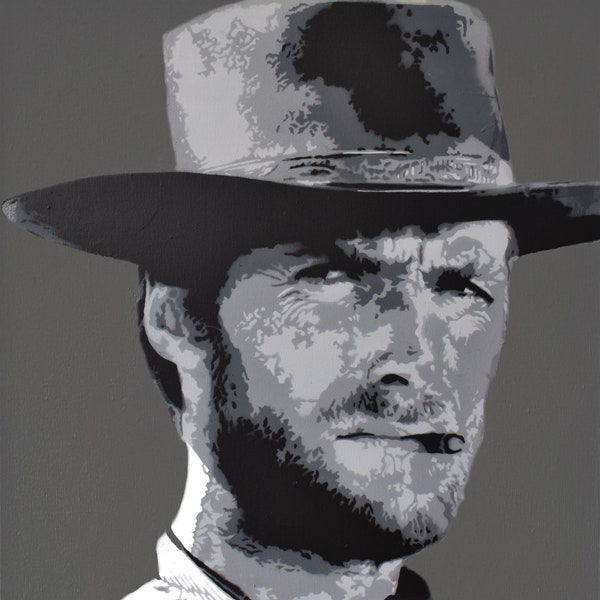 Clint Eastwood Le Bon la Brute et le Truand,  peinture réalisée aux pochoirs noir et blanc, portrait pop art street art original sur toile