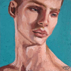 Dipinto originale realizzato con pastelli a olio su carta incorniciata con passepartout, dimensioni 20x20cm, ritratto maschile realizzato a mano