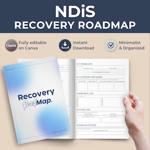 May include: A white and blue "Recovery Roadmap" journal with the text "NDIS Recovery Roadmap" at the top. The journal is open, revealing lined pages with prompts for self-reflection. The cover reads "Recovery Road Map."