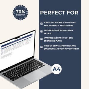 May include: A silver laptop displaying a document, with the text "PERFECT FOR" and bullet points. A blue badge indicates a 70% discount. The document is A4 size.