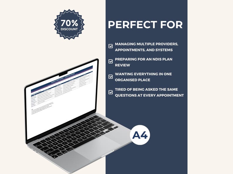 May include: A silver laptop displaying a document, with the text "PERFECT FOR" and bullet points. A blue badge indicates a 70% discount. The document is A4 size.