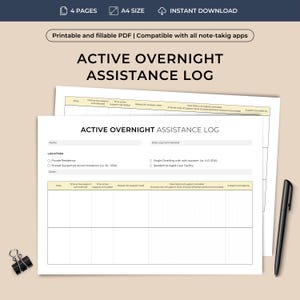 May include: Printable Active Overnight Assistance Log form with sections for date, time active support commenced, time active support concluded, reason for support need, include ratio of support, description of support provided, support provided by. The form also includes a section for location with options for private residence, shared supported accommodation, single dwelling with support, and residential aged care facility.