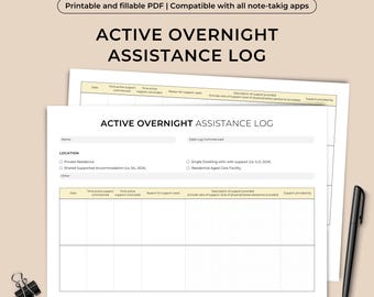NDIS Active Overnight Assistance Log | Printable & Editable PDF | Disability Support Logbook for Providers