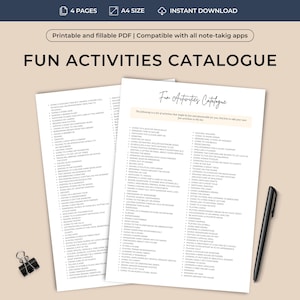 May include: A printable PDF catalogue of fun activities, with two pages shown. The left page lists activities like "doing a relaxing task", "sending an email", "watching a ballet", and "going on a date". The right page lists activities like "going to a quiz night", "spending time in nature", "painting my nails", and "feeding an owl".