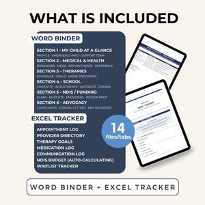 May include: Digital planner with a Word Binder and Excel Tracker. The Word Binder includes sections for medical, school, and advocacy information. The Excel Tracker features appointment logs and budget tools. The image shows 14 files/tabs.