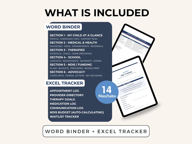 May include: Digital planner with a Word Binder and Excel Tracker. The Word Binder includes sections for medical, school, and advocacy information. The Excel Tracker features appointment logs and budget tools. The image shows 14 files/tabs.