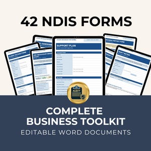 Pode incluir: Imagem com vários tablets exibindo formulários com layouts azuis e brancos. O texto "42 NDIS FORMS" está no topo, com "COMPLETE BUSINESS TOOLKIT" e "EDITABLE WORD DOCUMENTS" na parte inferior. Um distintivo dourado com a palavra "AUDIT" também é visível.