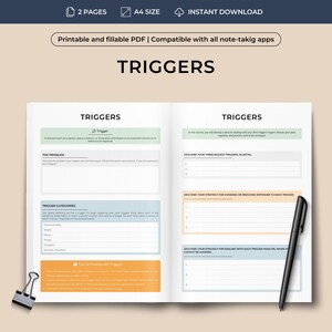 May include: A printable PDF workbook with the title "Triggers" on the cover. The workbook is designed to help people identify and manage their triggers. It includes sections for describing the problem, trigger categories, and strategies for avoiding or dealing with triggers.